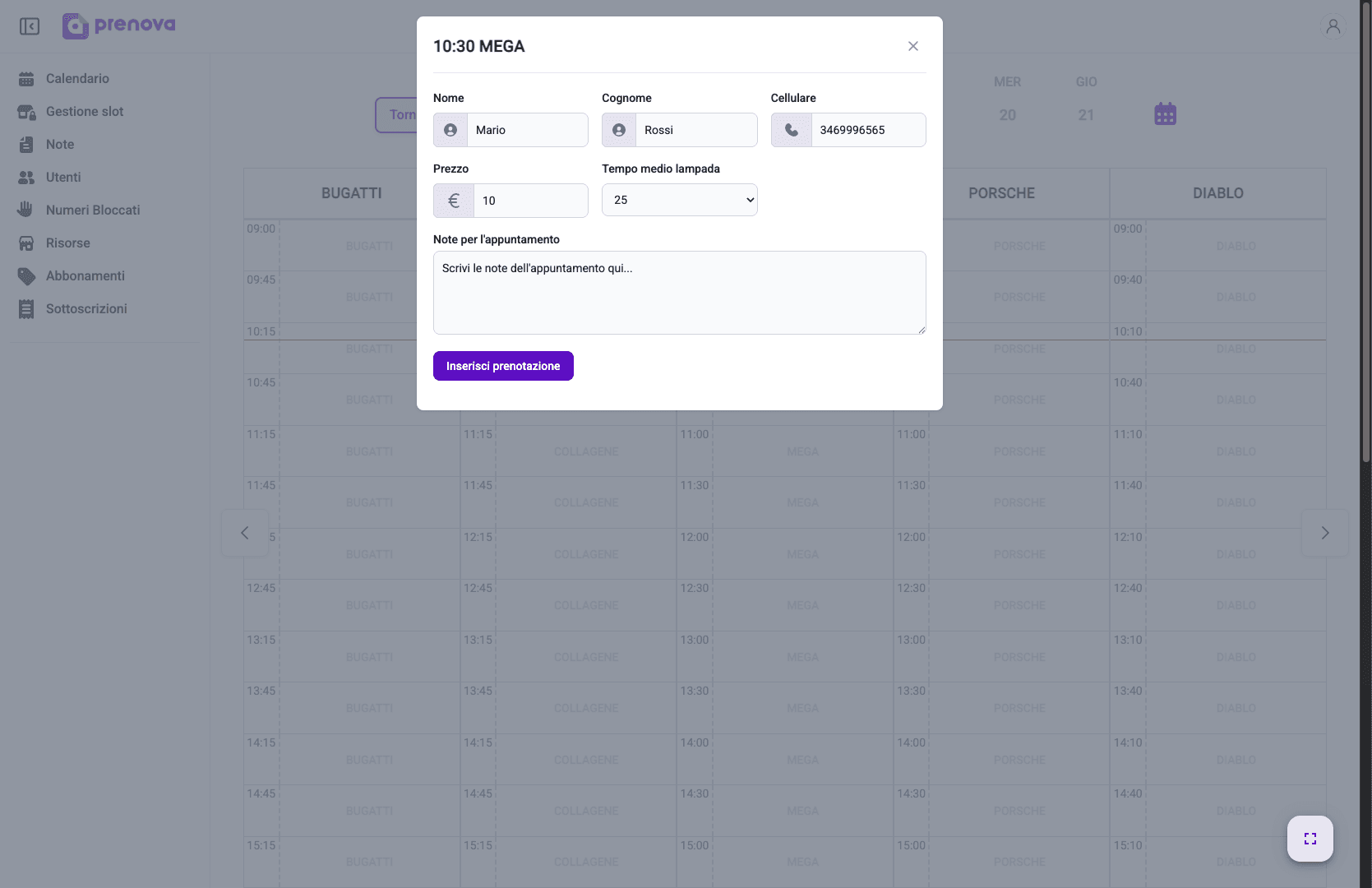 Creazione appuntamento nel pannello admin Prenova — software gestionale estetica